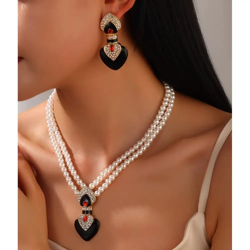 Bride Wedding Jewelry Set Elegant Enamel Rhinestone Love Imitation Pearl Beaded Necklace and Earrings Women’s Party