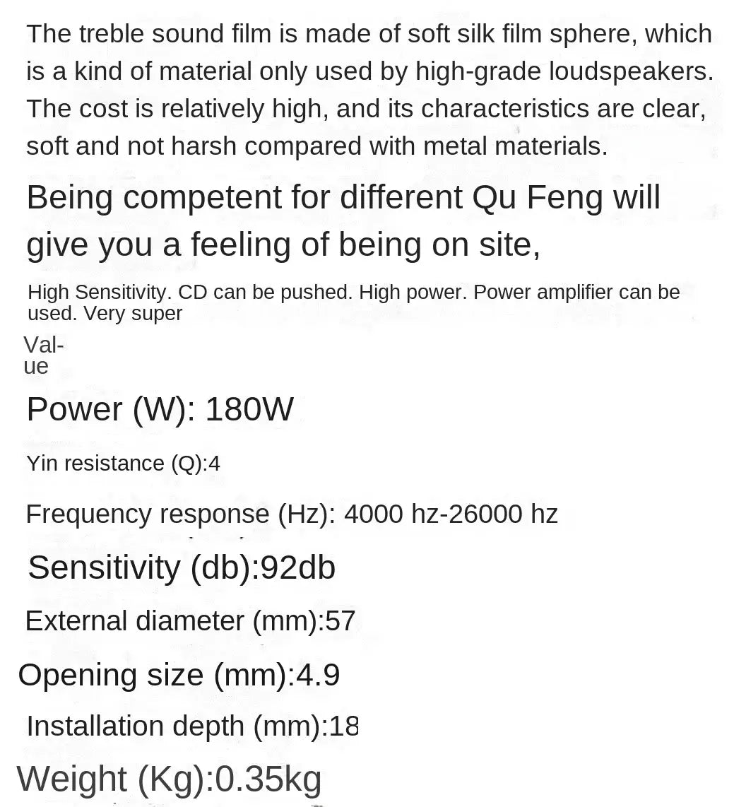 DDT-S30 25mm 1’’ 360W dome balanced car speakers tweeter with 180W high-sensitivity treble sound film.