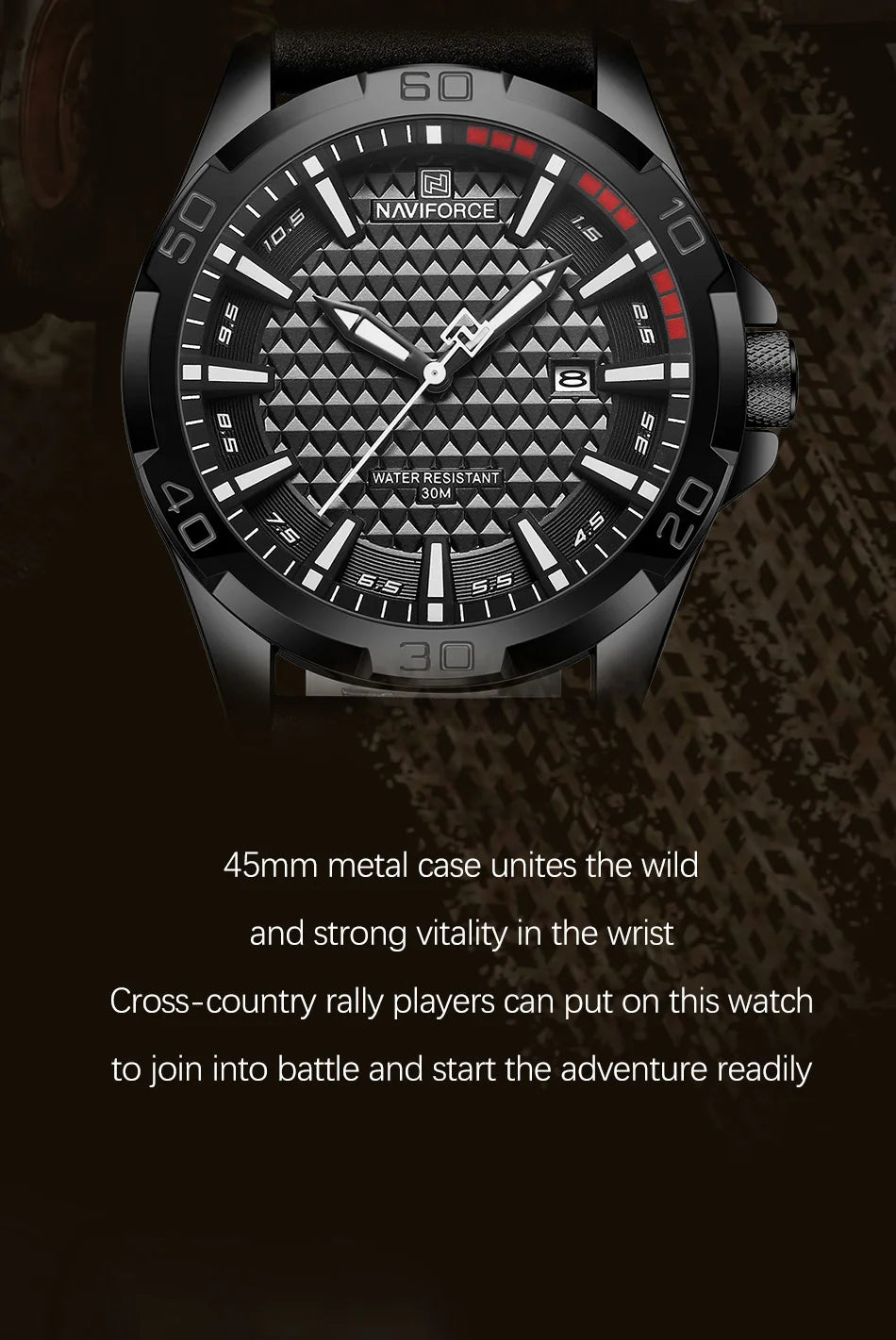 Naviforce brand men fashion quartz watch with black leather strap