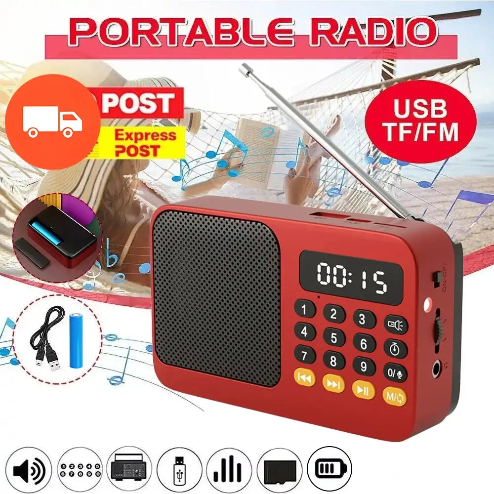 Red portable radio music player with black grille, orange buttons, LED display showing 00:15
