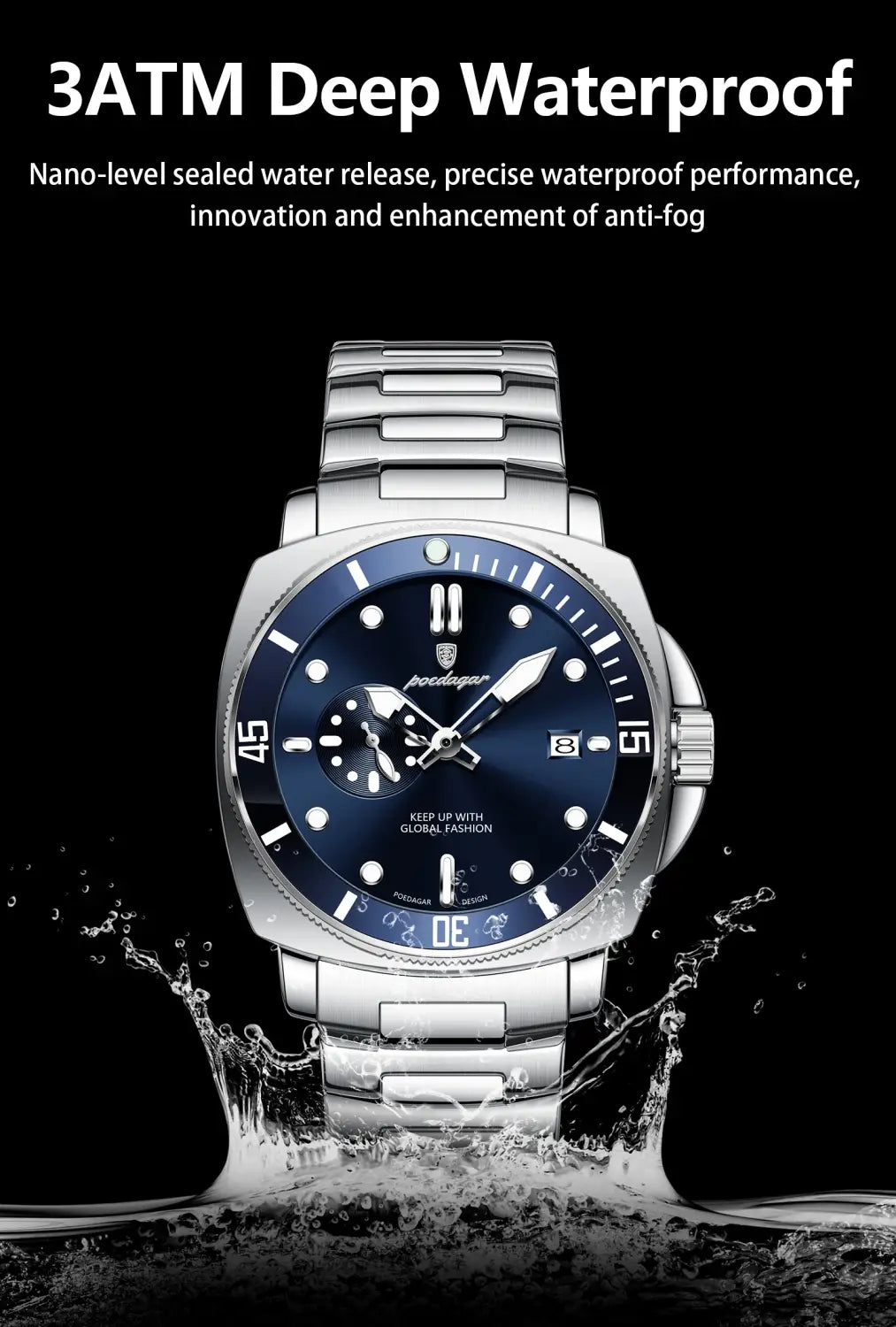 POEDAGAR Luxury Sports Man Wristwatch Luminous Waterproof Date Watch For Men Business Stainless Steel Quartz Men’s