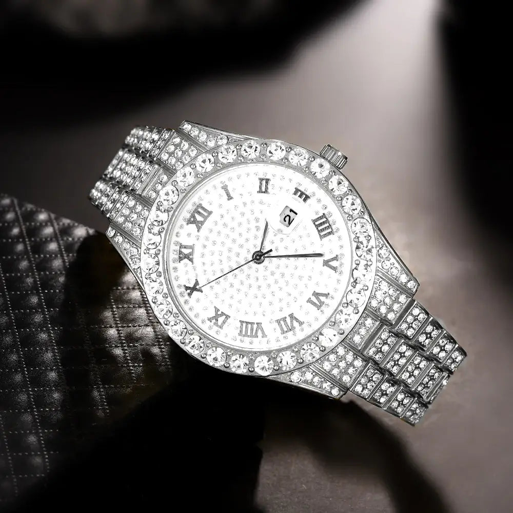 Exquisite Watch Set with Gift Box Cuban Chain Diamond Rhinestone Bracelet Pendant Cross Hip Hop Fashion Jewelry Men