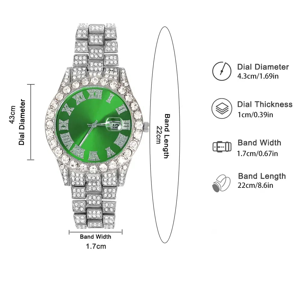 Exquisite Watch Set with Gift Box Cuban Chain Diamond Rhinestone Bracelet Pendant Cross Hip Hop Fashion Jewelry Men