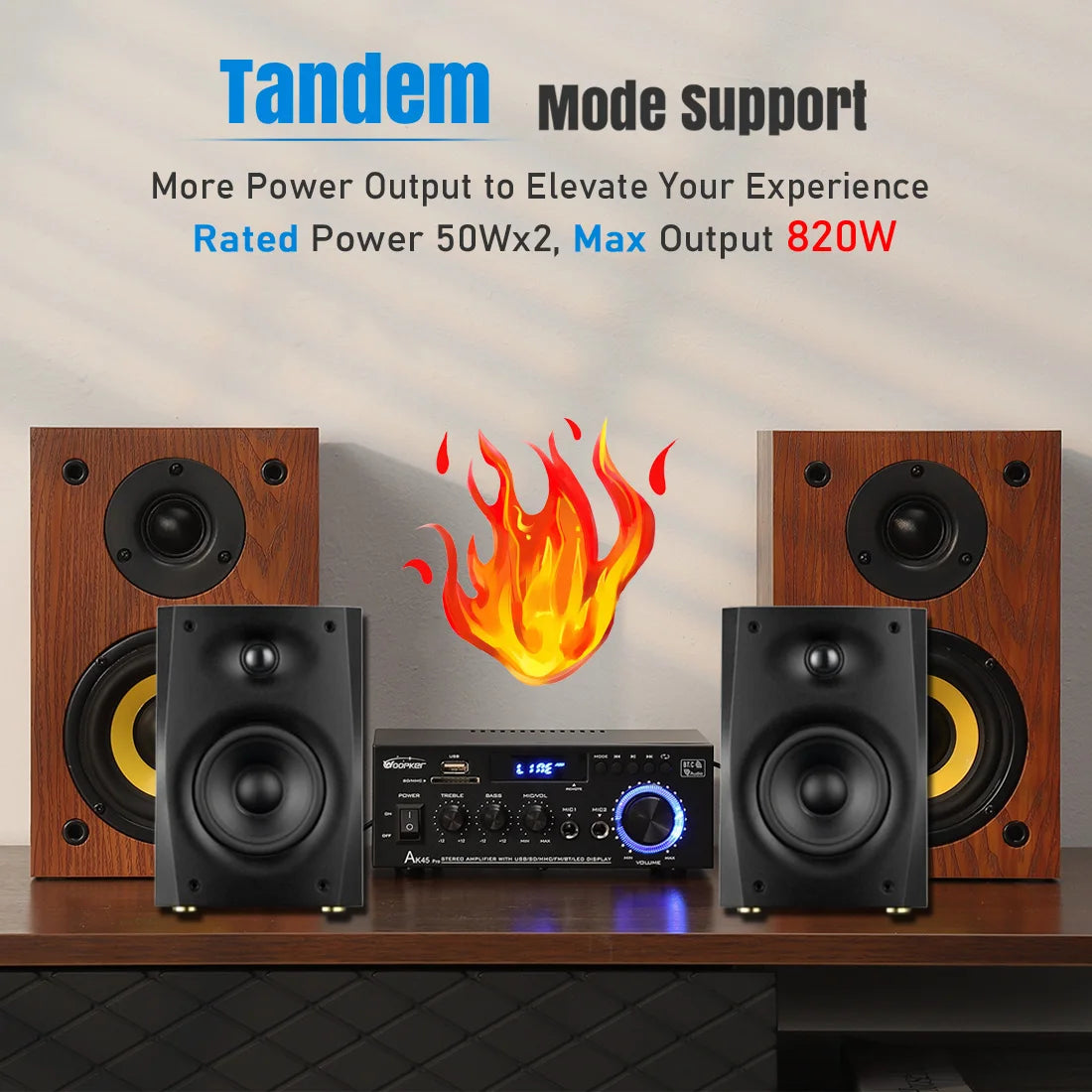 Woopker AK45 Pro black wood-finish 2-channel power amplifier with blue LED display