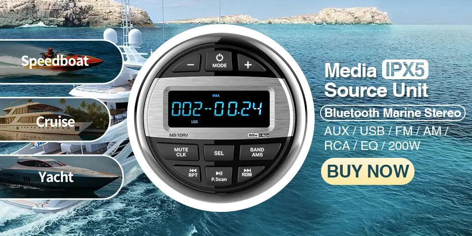 Silver marine car audio stereo with digital display and passive subwoofer.
