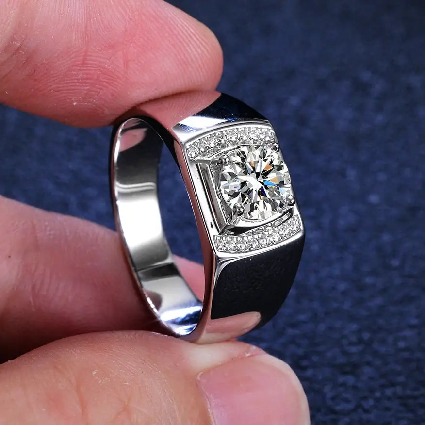 Men Ring 100% Genuine 1ct Shining Moissanite with Certificate Passed Diamond Test S925 Silver Jewelry Wedding Gift