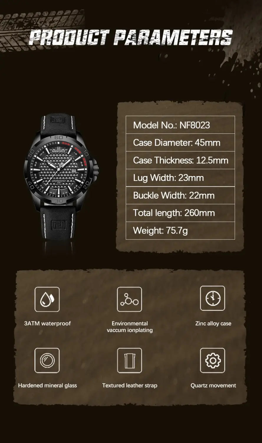 Naviforce brand men fashion quartz watch with black textured leather strap and zinc alloy case