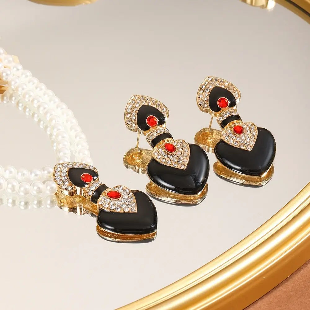 Bride Wedding Jewelry Set Elegant Enamel Rhinestone Love Imitation Pearl Beaded Necklace and Earrings Women’s Party