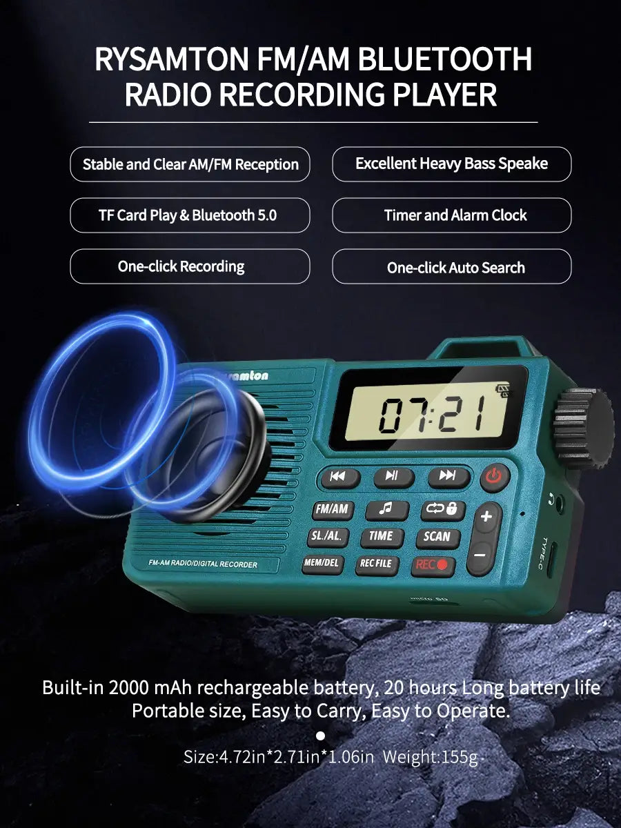 Portable AM/FM Radio Small Pocket with Bluetooth Bass Speaker Support Micro SD Card and Record Long Battery Life