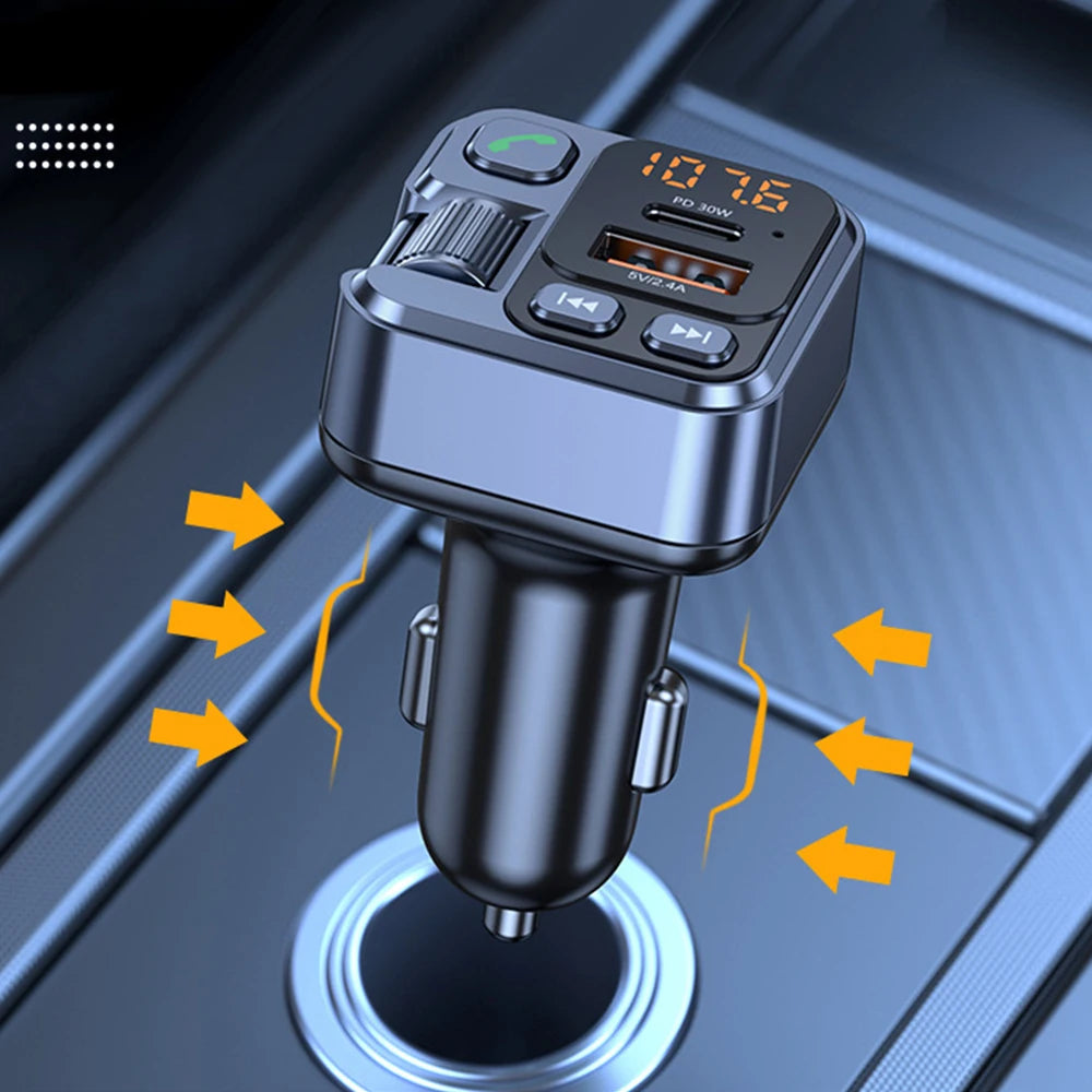 Black and silver car charger with digital display, USB ports, PD20W fast charging