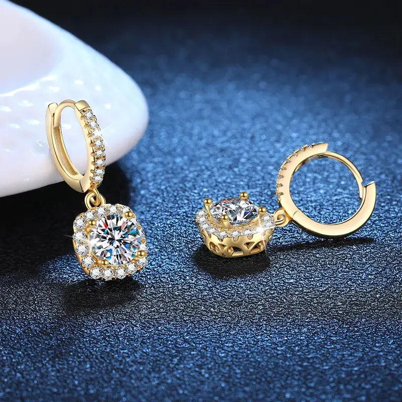 Luxury 100% Real 18k Gold Women’s Square 1 karat Diamond Earrings Moissanite Studs