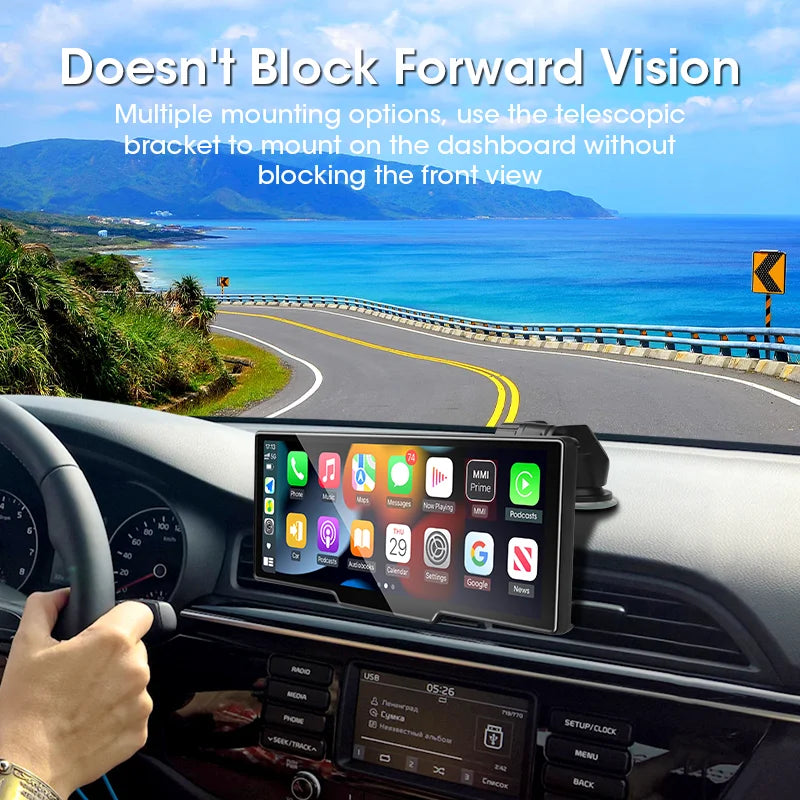 Black telescopic mount holding smartphone with CarPlay Android Auto icons
