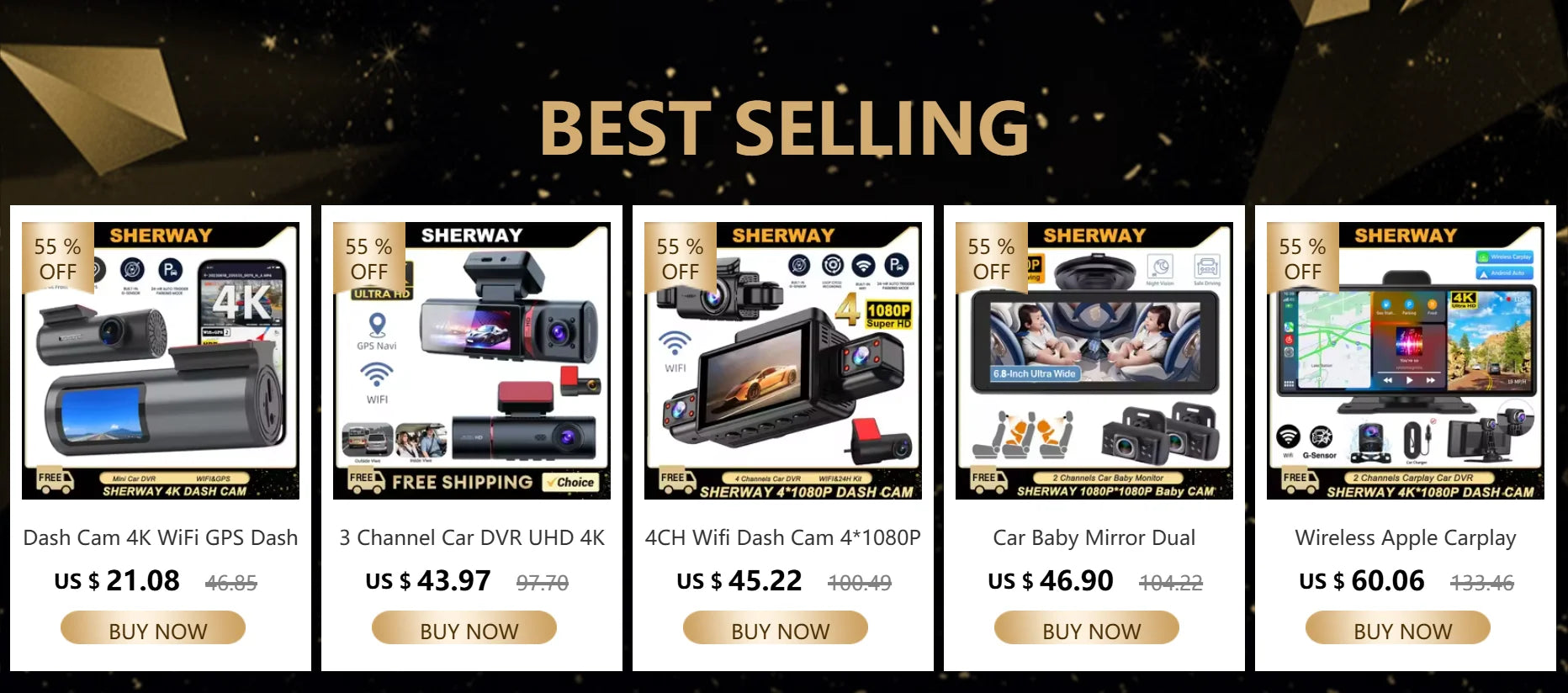 Sherway 4K 3-channel car DVR dash cam with GPS, sleek black design