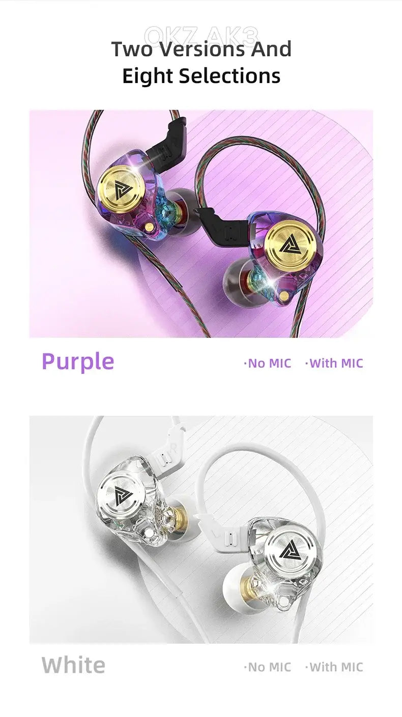 QKZ AK3 FiLe wired earphones with purple white IEMs and gold accents