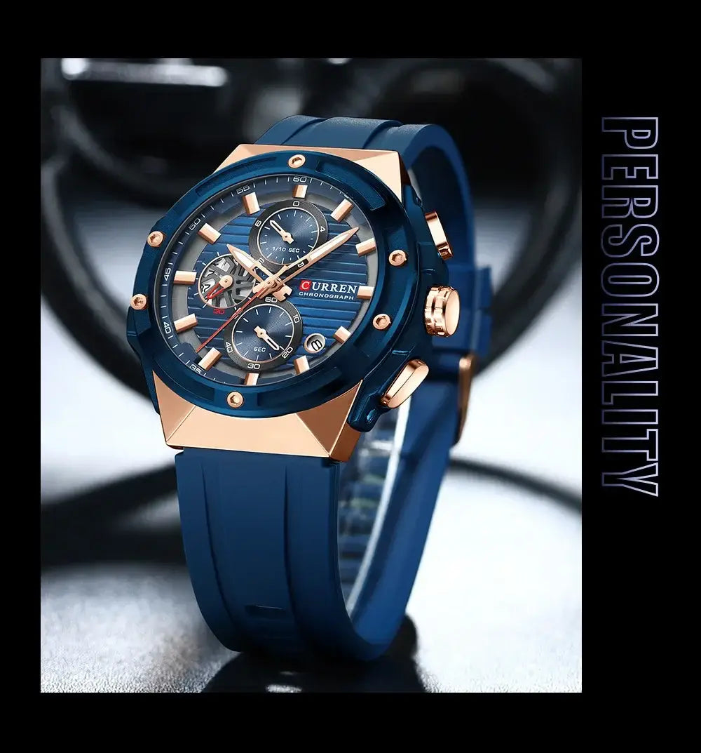 CURREN Fashionable Sports Multifunctional Chronograph Quartz Watch with Silicone Strap Creative Design Dial Luminous