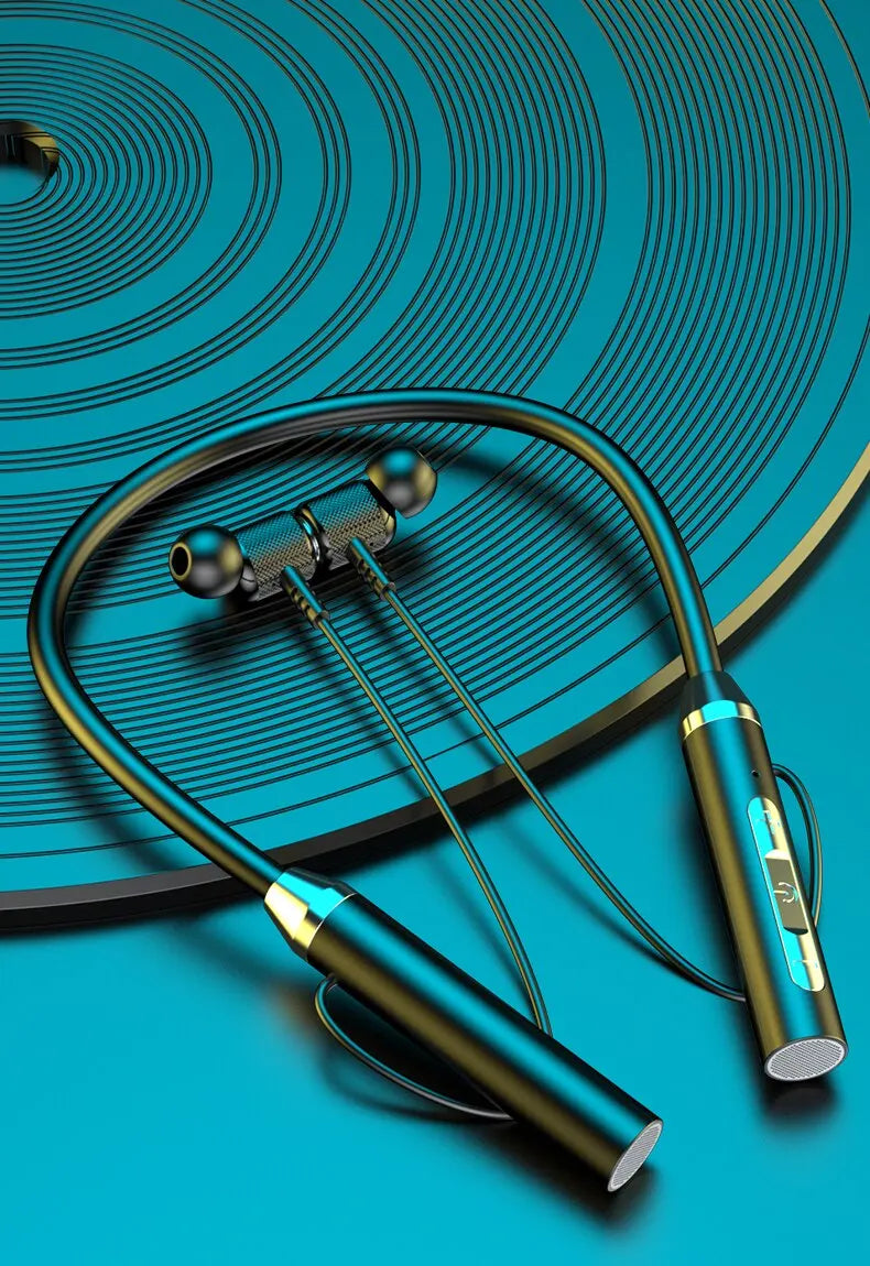 Black and gold wireless neckband earphones silicone HiFi 9D stereo sports headset