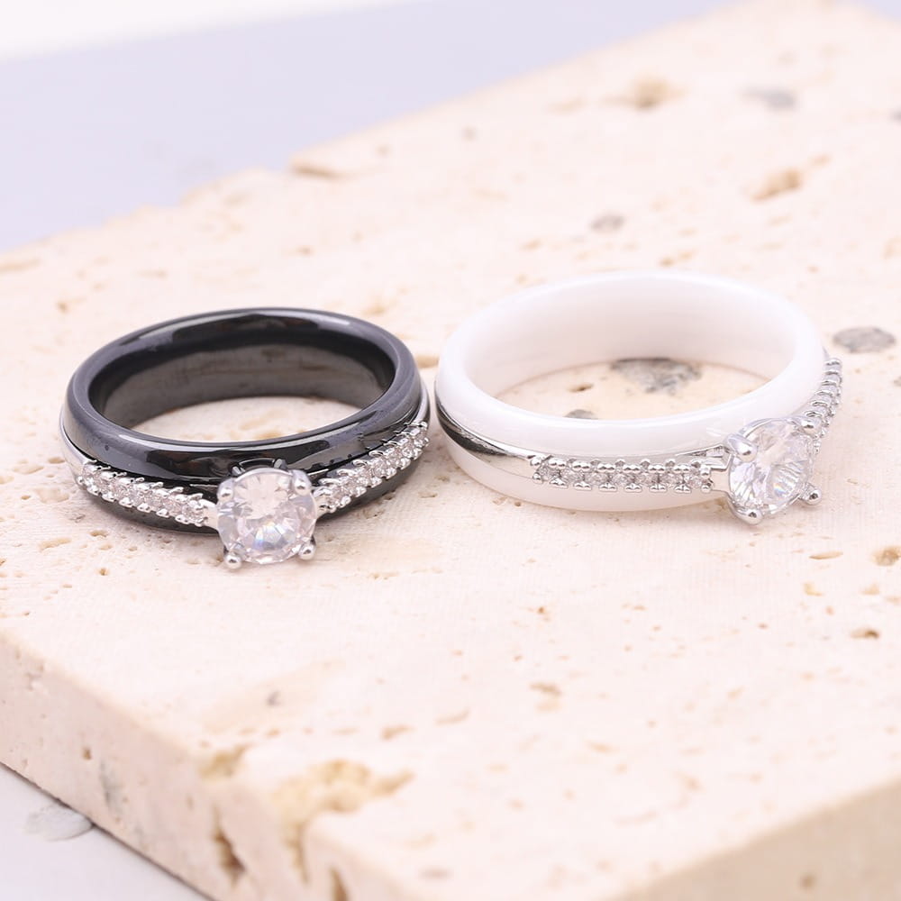 Kolmnsta 6mm Sparkling 4 Claws Round Zircon Ceramic Rings For Women Stainless Steel Engagement Wedding Bands Jewelry