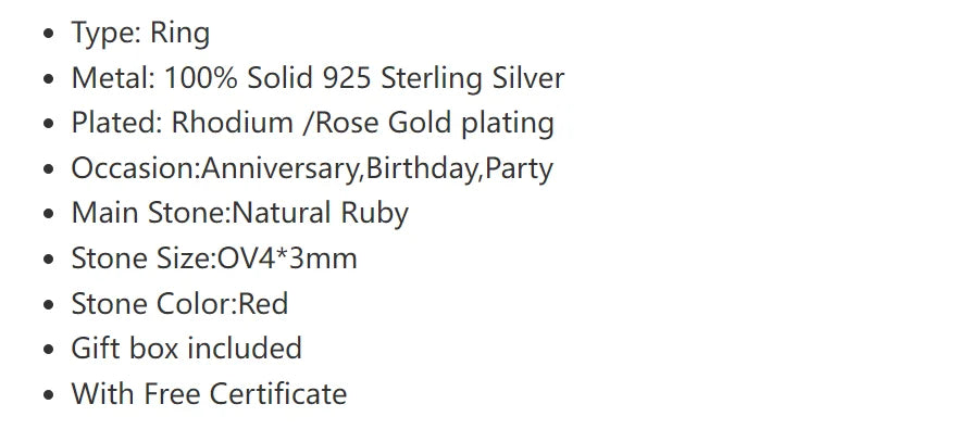 Wedding Ring for Women Real Pure 925 Sterling Silver Natural Ruby Genuine Gemstone Rose Gold Birthstone Engagement