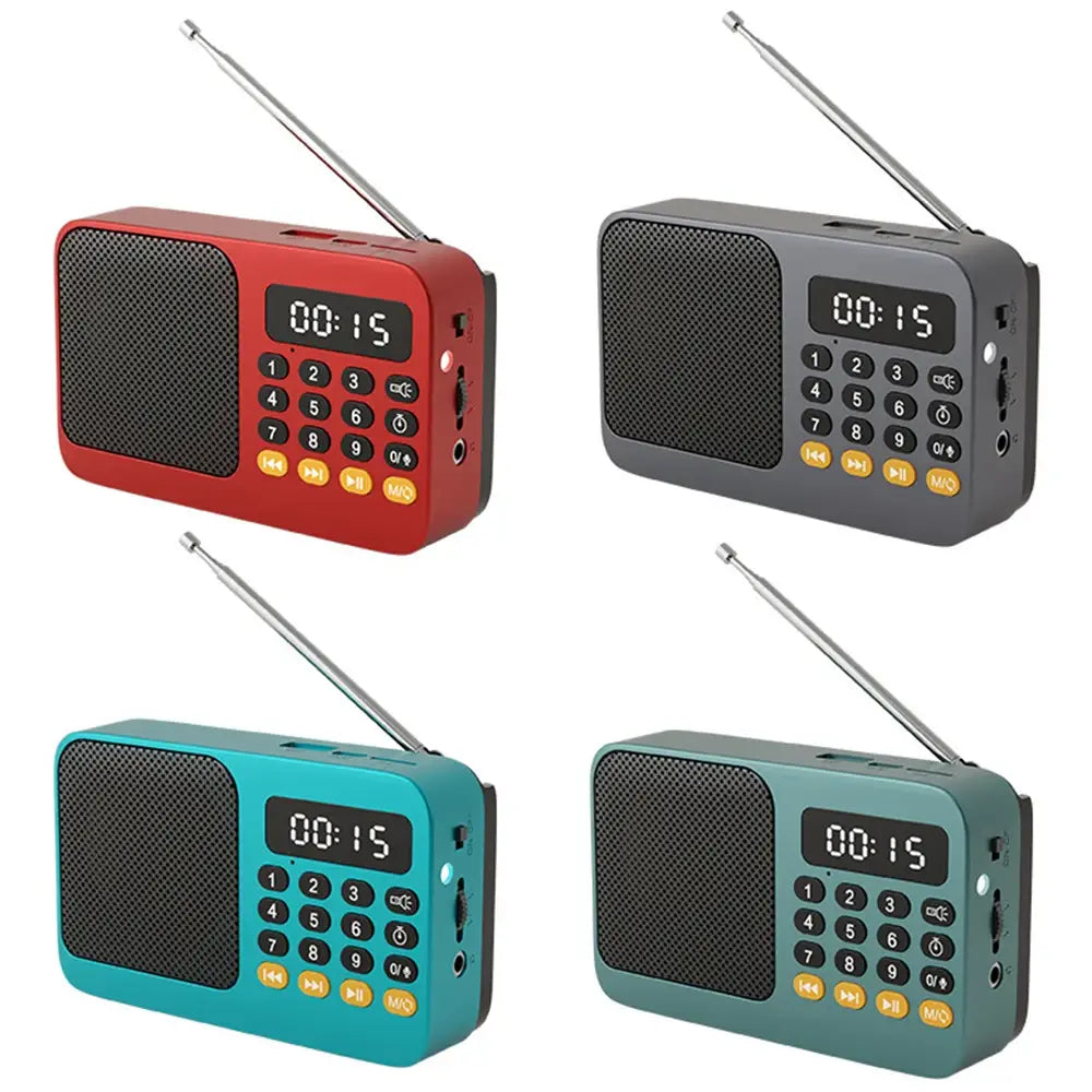 Portable radio music player in red, gray, teal, green with LED display