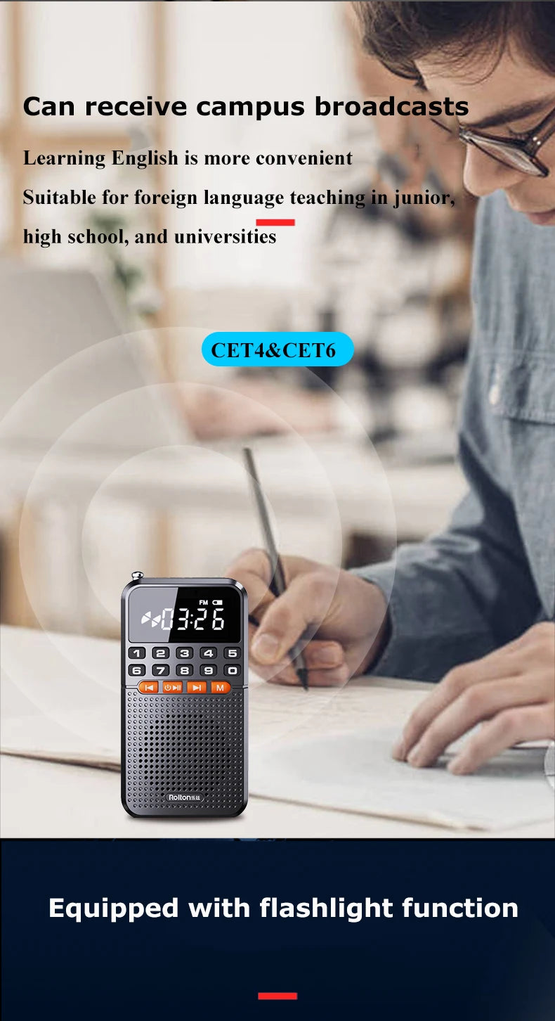 Portable FM Mini Radio Dual Antenna Pocket Receiver Bluetooth 5.0 Speaker TF Card Music Player with LED Flashlight