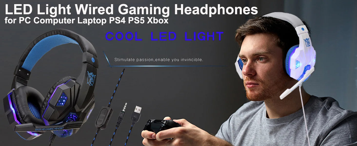 Wired Gaming Headphones With LED Light Noise-cancelling Gamer Headset Microphone for PC Computer Laptop For PS4 PS5 Xbox