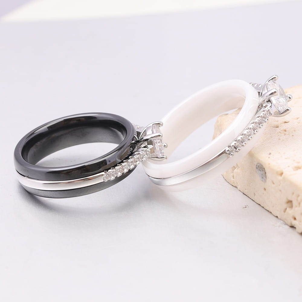 Kolmnsta 6mm Sparkling 4 Claws Round Zircon Ceramic Rings For Women Stainless Steel Engagement Wedding Bands Jewelry