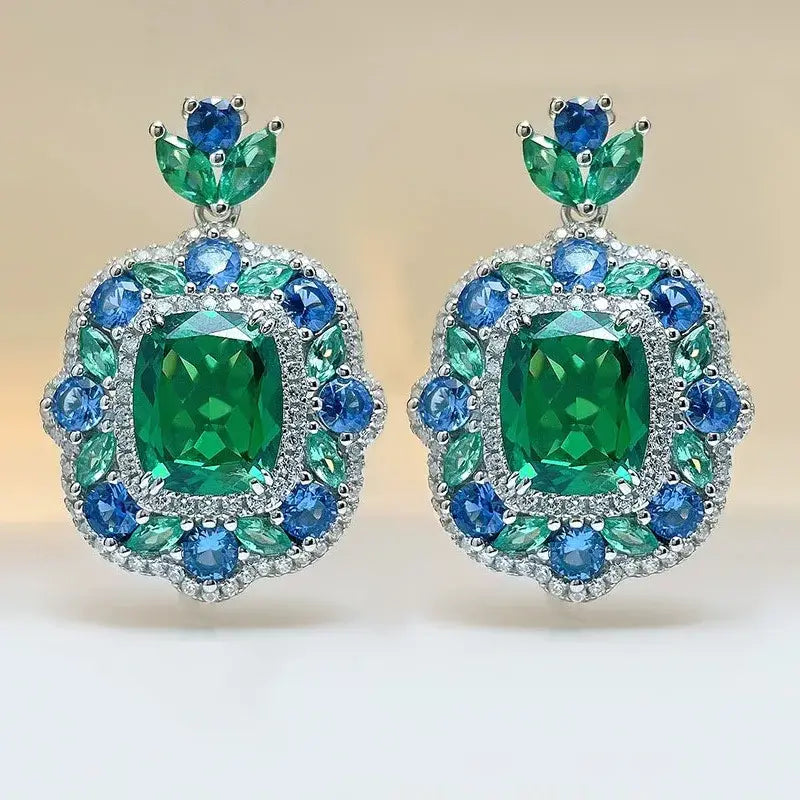 Europe America Luxury Platinum Plated Jewelry Sets Fashion Women Bridal Square Green Stone Pendant Necklaces Earrings