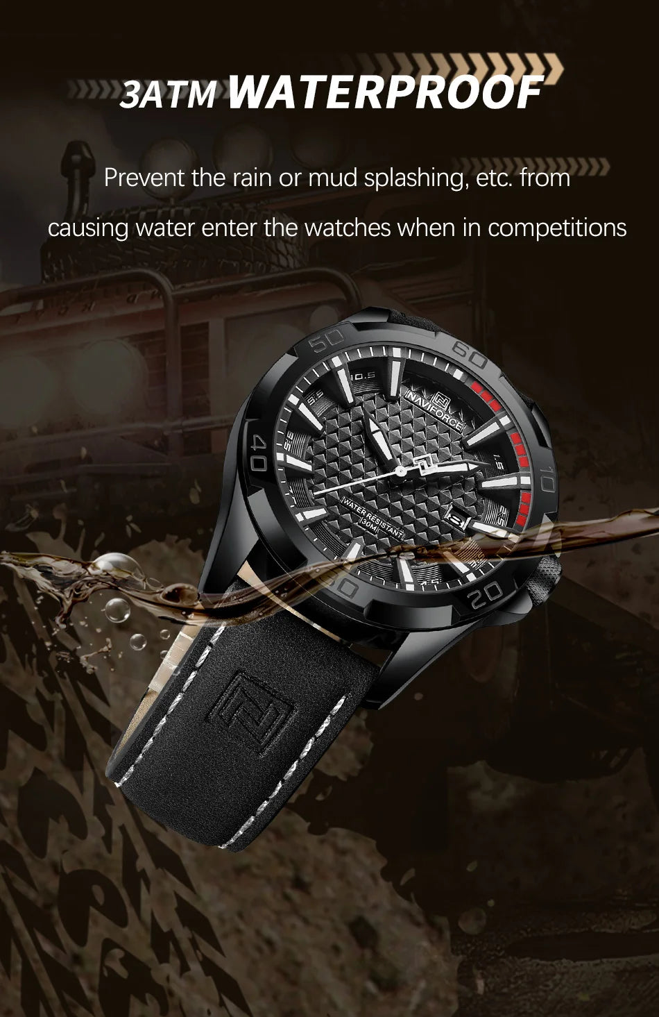 Naviforce brand men fashion quartz watch with black leather strap and red bezel.