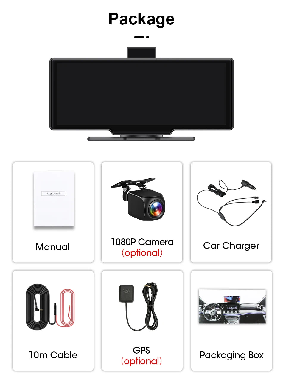 Black rectangular rearview mirror camera display for 10.26’’ dash cam with CarPlay Android Auto