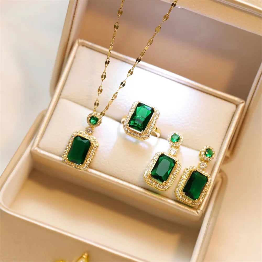 Classic Women’s Three-piece Jewelry Set Statement Emerald Ring Fashion Green Zircon Earring Necklace Wedding Sets