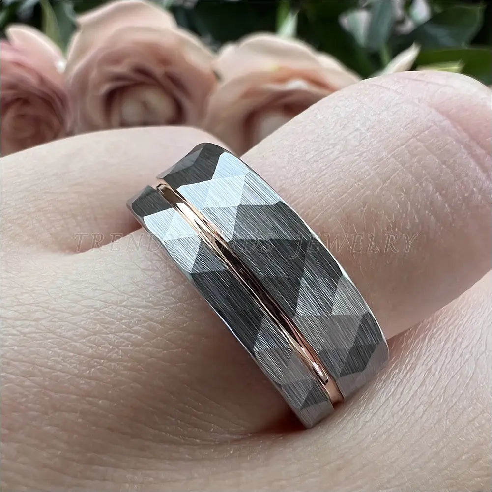8mm Women Wedding Ring Tungsten Carbide Engagement Band Fashion Jewelry Hammered Brushed Finish Grooved Comfort Fit