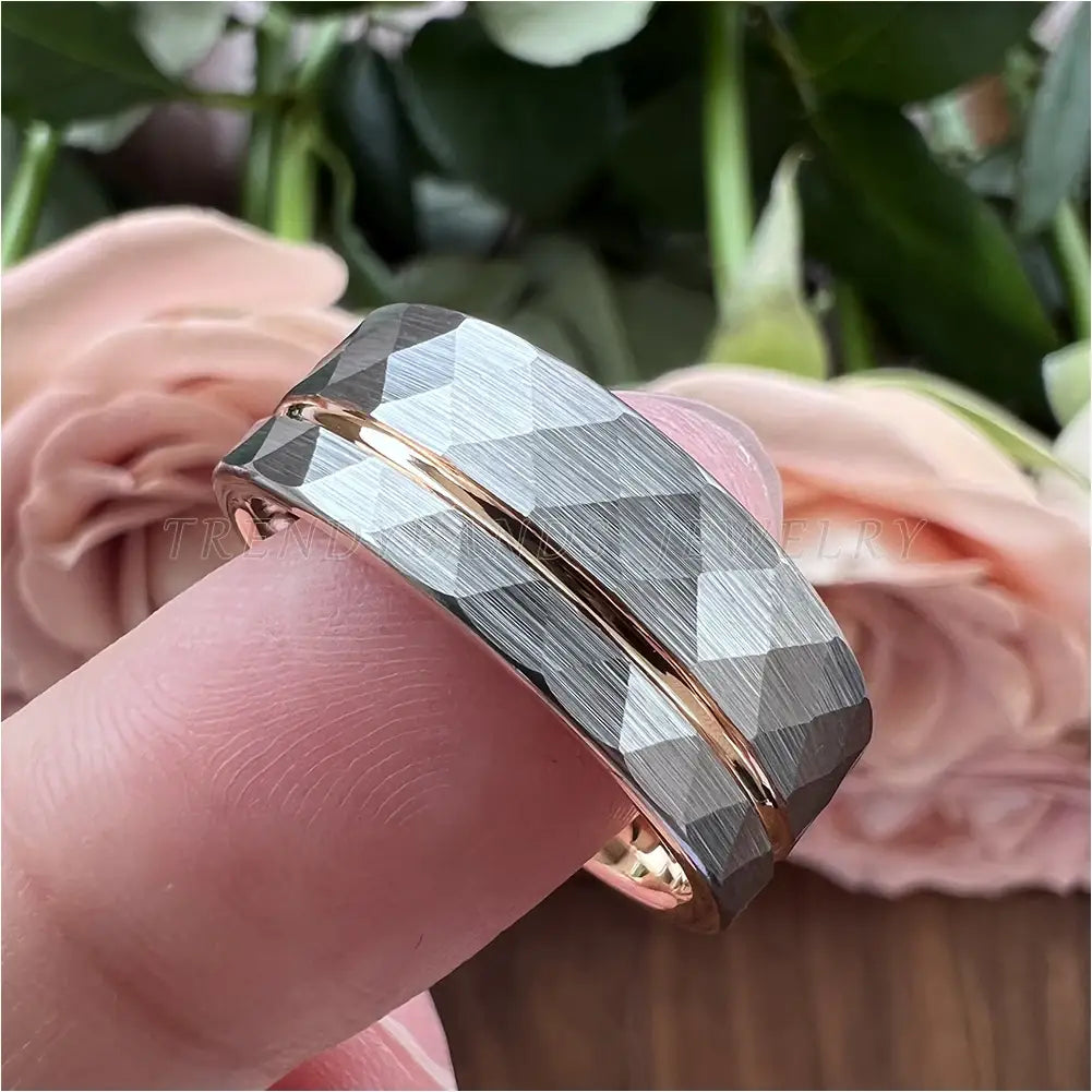 8mm Women Wedding Ring Tungsten Carbide Engagement Band Fashion Jewelry Hammered Brushed Finish Grooved Comfort Fit