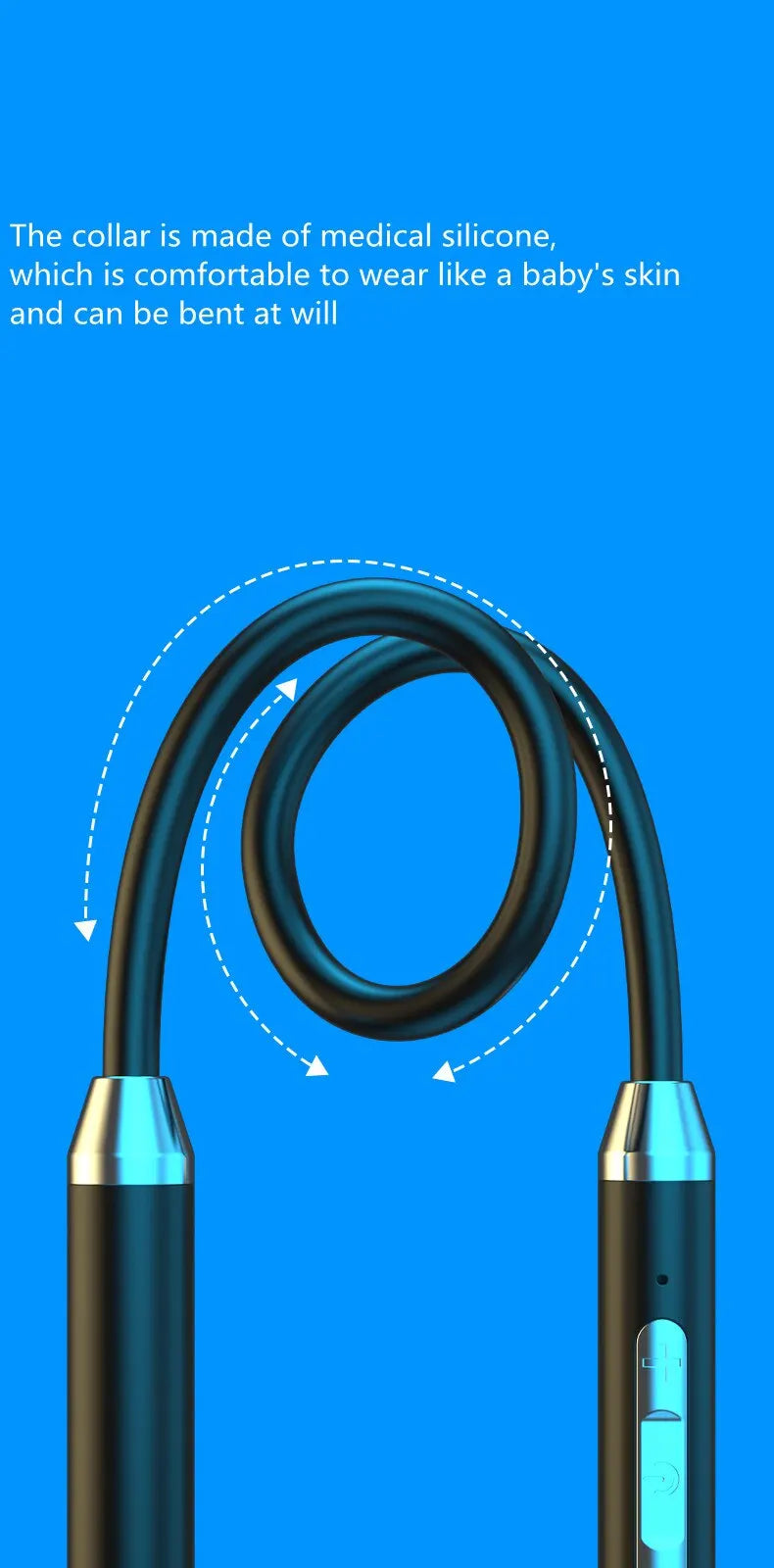 Black silicone neckband earphones with silver ends, hifi stereo sports headset