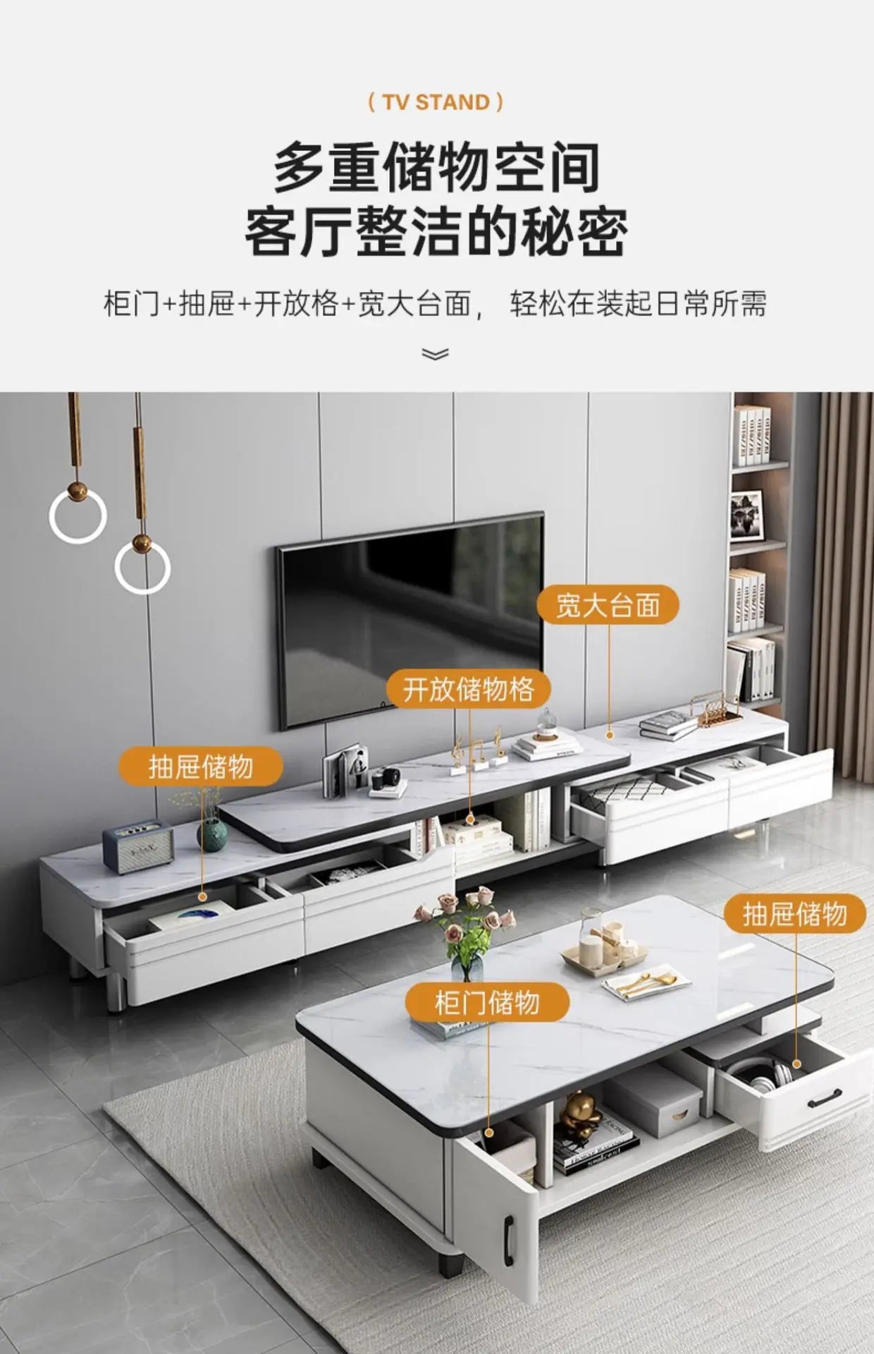 Modern LED TV Stand for Televisions Up Coffee Table Glass Shelves and Drawer Gaming Entertainment Center with Multiple