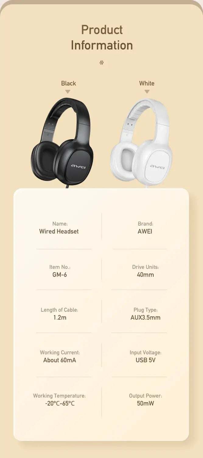 Awei GM-6 Professional Wired Headphones with Wire Control Gaming Headset With Mic 3.5mm AUX Plug For PC Computer Laptop