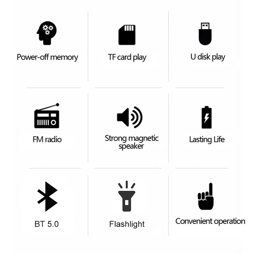 Black icon set for portable radio music player with FM, USB, TF, BT 5.0 features
