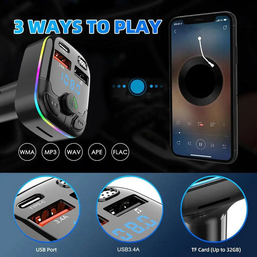 Bluetooth 5.0 Car FM Transmitter PD Type-C Dual USB Ambient Player MP3 Charger Wireless Light 18W Handsfree QC3.0