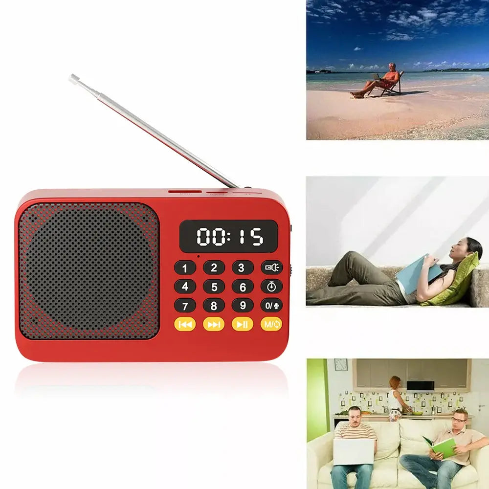 Red portable radio music player with FM, USB, TF, MP3, LED display