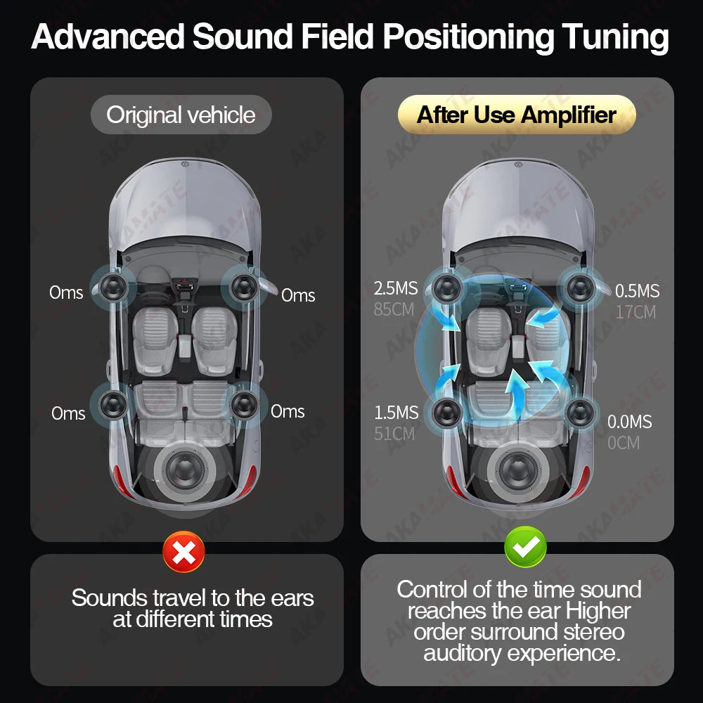 Car audio diagram: stereo surround amplifier tuning for passive subwoofer in vehicle