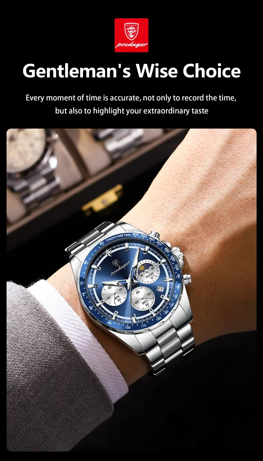POEDAGAR Original Men Clock Sports Waterproof Luminous Chronograph Date Watch For Man Stainless Steel Quartz Men’s