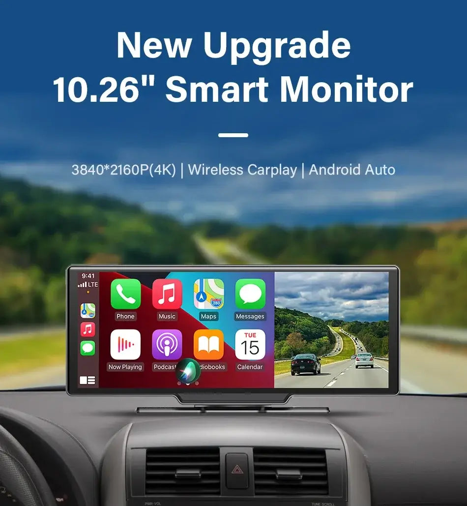10.26-inch 4K smart dash cam monitor with CarPlay Android Auto GPS navigation