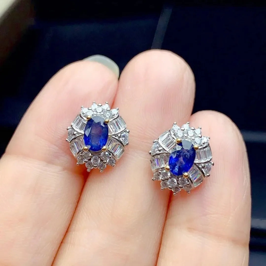 Natural Round 4mm*6mm Sapphire Small Earrings with Diamond Fine Jewelry for Girl Party Wear