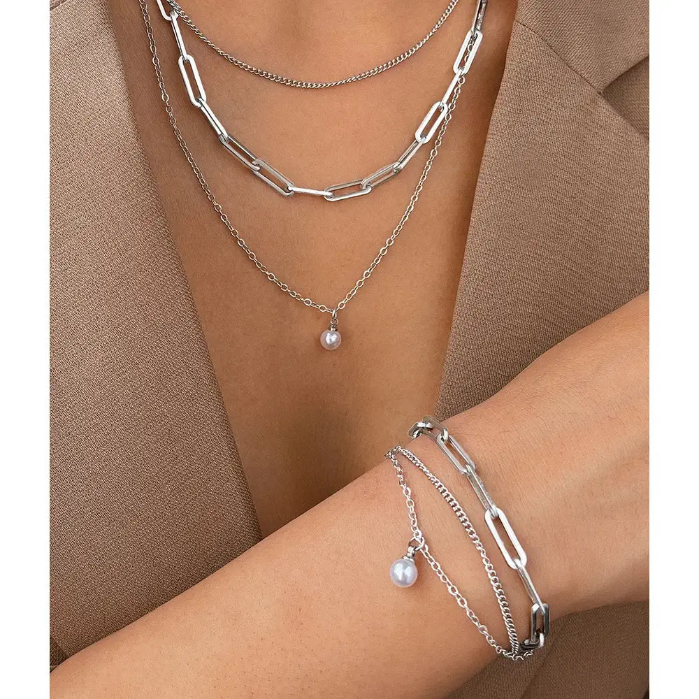 Stainless Steel Jewelry Set Elegant Delicate Pearl Pendant Luxury Multi-Layer Chain For Women