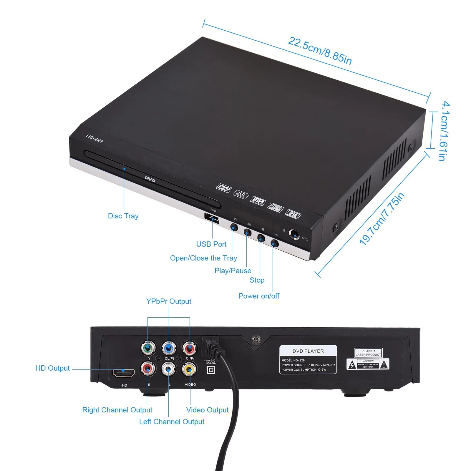 Home DVD Player CD Disc Digital Multimedia U Disk Playback HD AV Output with Remote Control