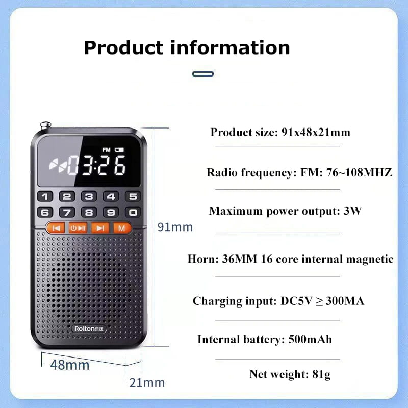 Portable FM Mini Radio Dual Antenna Pocket Receiver Bluetooth 5.0 Speaker TF Card Music Player with LED Flashlight