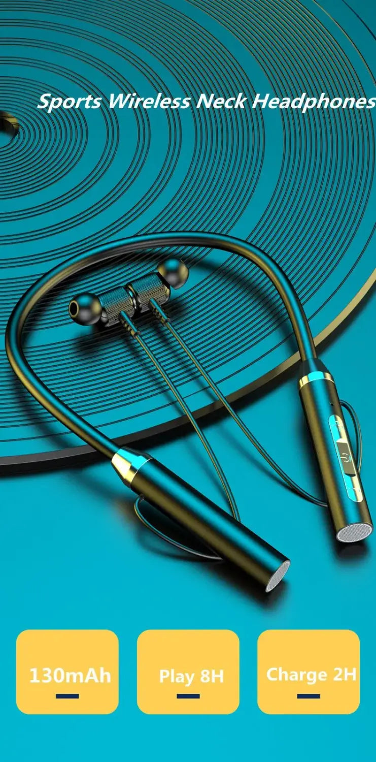 Teal and black silicone neckband earphones with hifi stereo sports headset