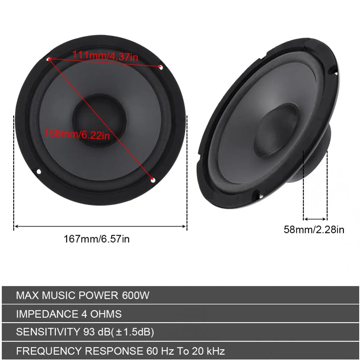 1pc/2pcs 6.5 Inch Car Speaker 600W 2 Way Vehicle Door