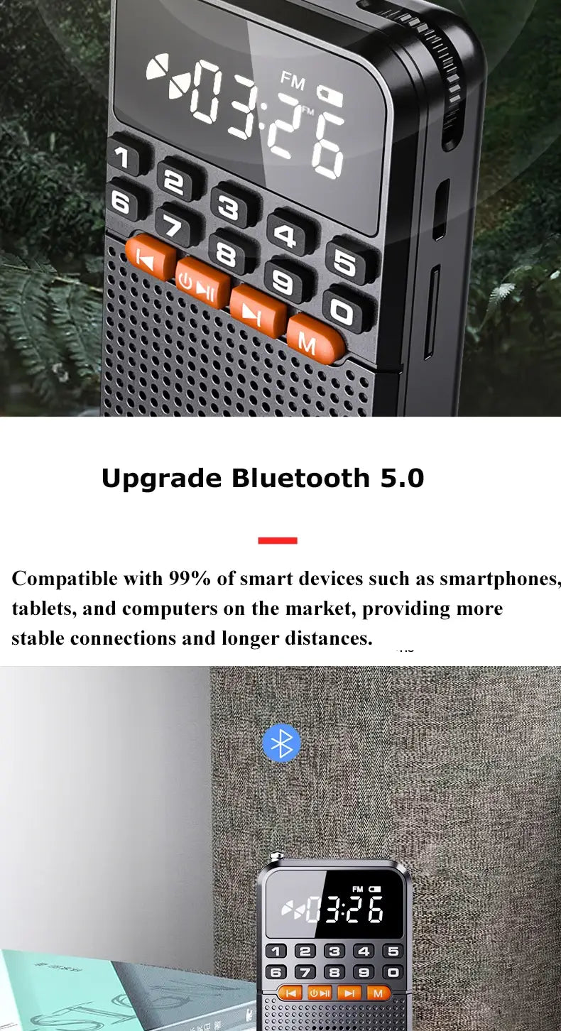 Portable FM Mini Radio Dual Antenna Pocket Receiver Bluetooth 5.0 Speaker TF Card Music Player with LED Flashlight