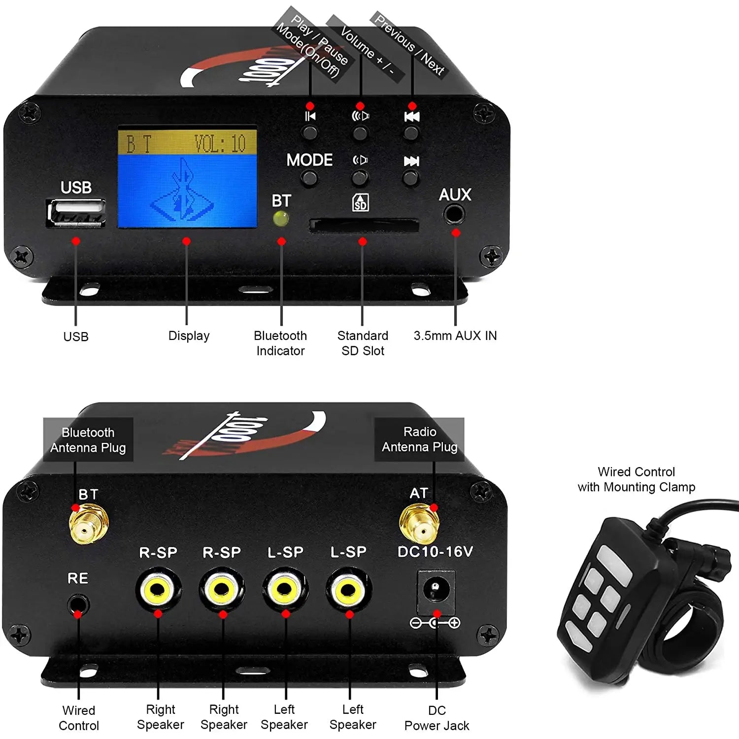 1000W 4CH Multmedia Power Amplifier with Bluetooth FM Radio USB AUX SD Card Compact Audio Player for Cars Motorcycles