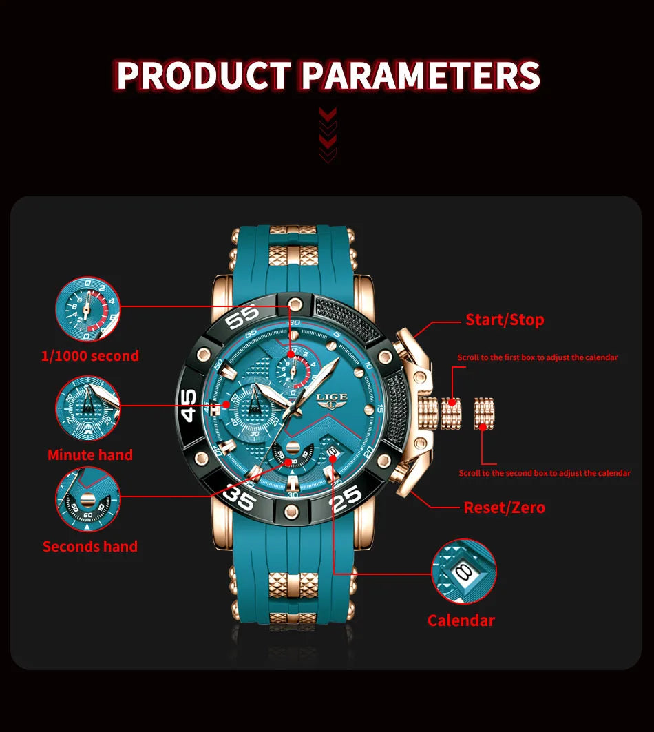 LIGE Mens Watches Top Brand Luxury Big Dial Watch Men Silicone Military Sports Waterproof Quartz For Relogio Masculino